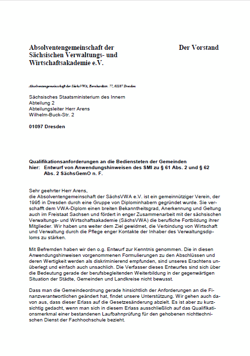 Abbildung des Anschreibens an das Staatsministerium des Innern